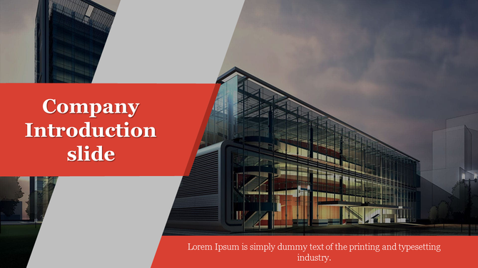Company profile cover slide displaying an illuminated office building, red and gray design elements, and a bold title banner.