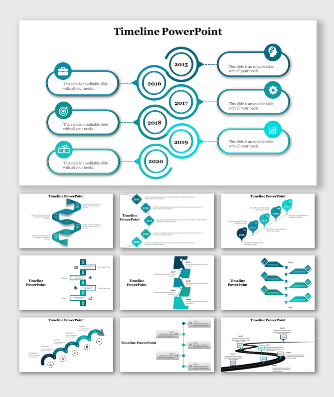 Professional timeline templates displaying multiple formats, including infographic loops, flows, and milestone markers.