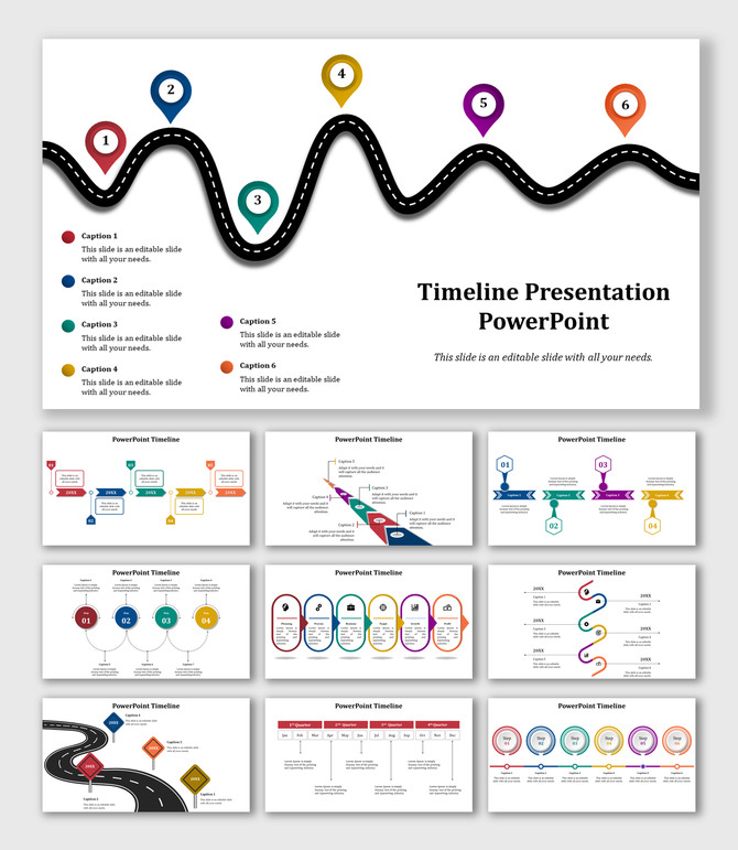 Collection of timeline slides featuring arrows, circular milestones, and bright color coded steps for process visualization.