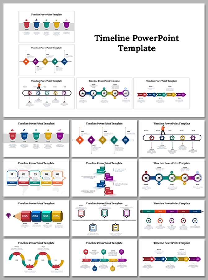 Slide pack featuring multiple timeline designs in various colors and layouts, displayed in a grid format.