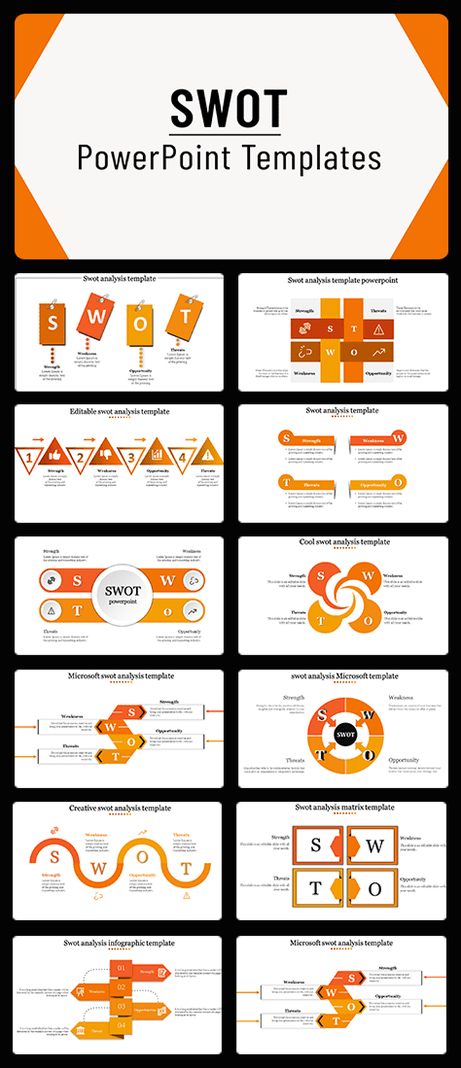 Slide deck showcasing various SWOT analysis templates with orange and white themes in multiple layouts.