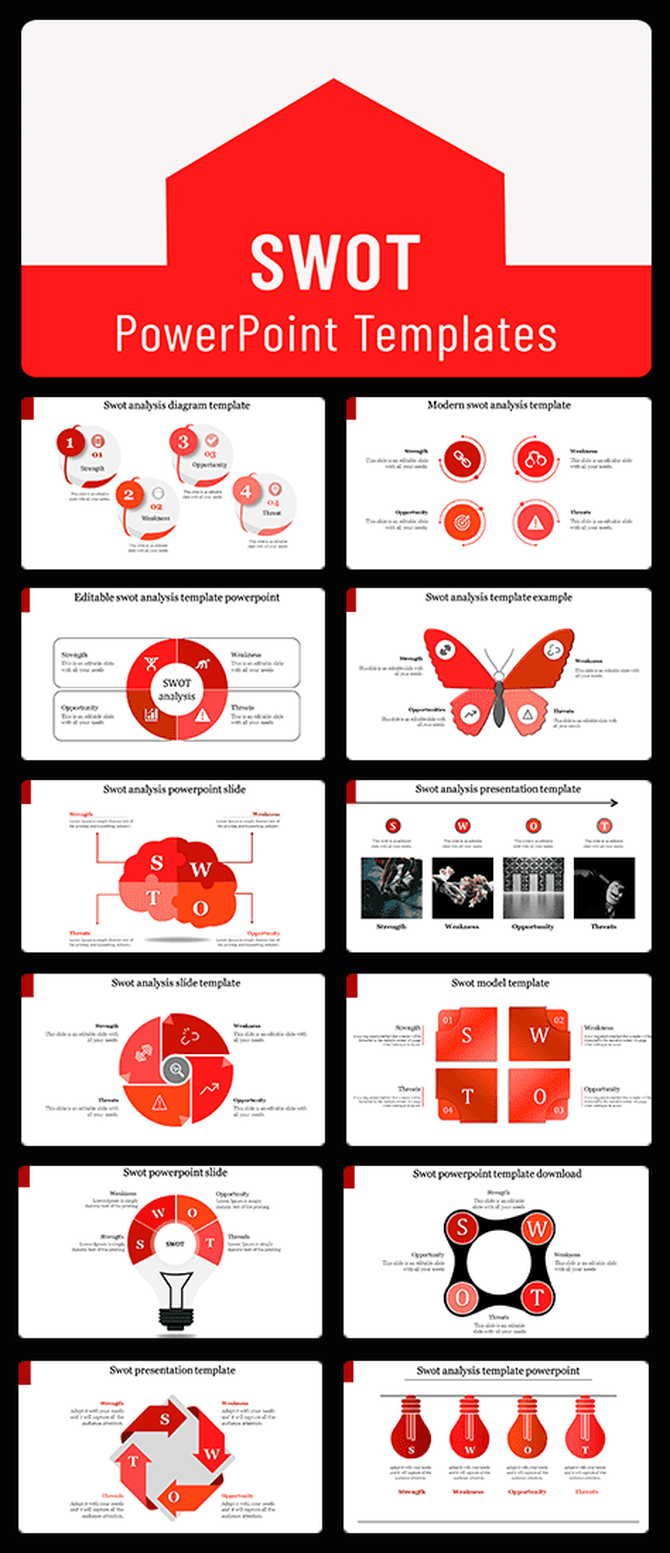 Collection of SWOT analysis slides featuring various designs and layouts, including diagrams and examples with icons.