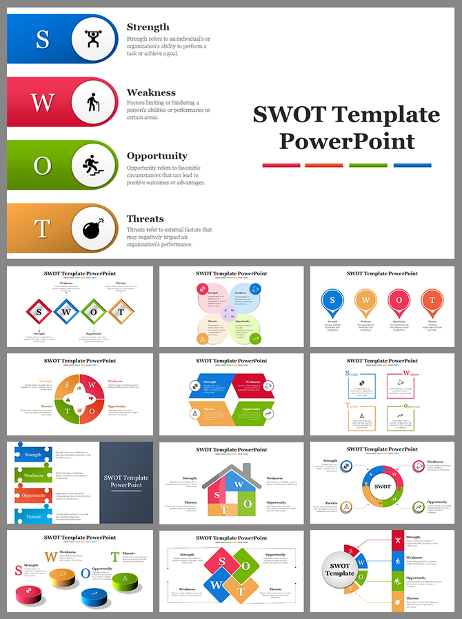 Business SWOT analysis slides featuring colorful SWOT templates in various formats, such as lists, diagrams, and flowcharts.