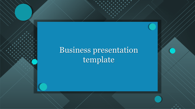 Business title slide with a bold blue rectangle in the center, set against a dark geometric background with teal circles.