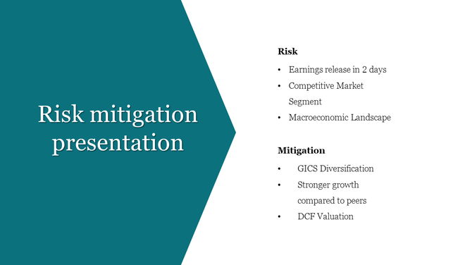 Risk and mitigation overview slide with a teal background, listing key risks and their respective strategies on the right.