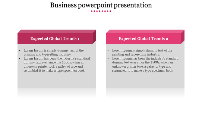 Business slide with two 3D-style pink header boxes, each containing text and bullet points about global trends.