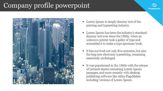 Company profile PowerPoint slide featuring a city skyline image and descriptive text in bullet points.