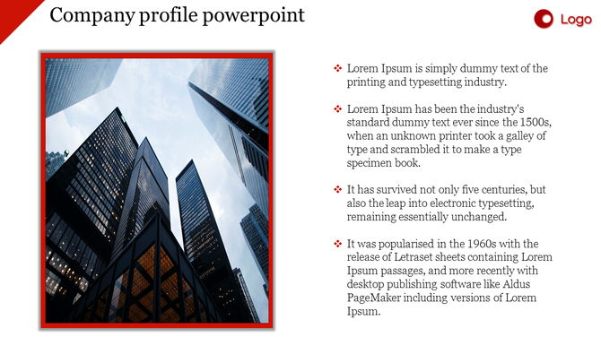 Company profile slide with a skyscraper image framed in red and text with bullet points on the right.