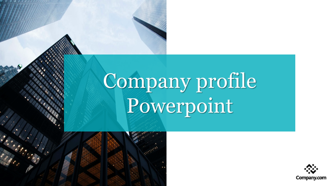 Company profile slide featuring a divided layout, with an urban skyline and bold typography in a central blue overlay.