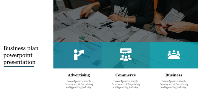 Business strategy template with a team discussion image and three labeled content areas, each with an icon and description.