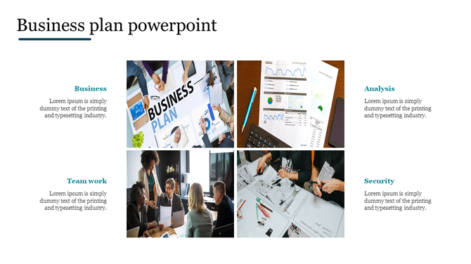 Business slide with a layout, displaying images of strategic planning, data analysis, collaboration, and security measures.