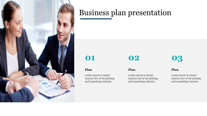 Slide with a business team discussion image and three numbered sections in teal and text, on a white background.