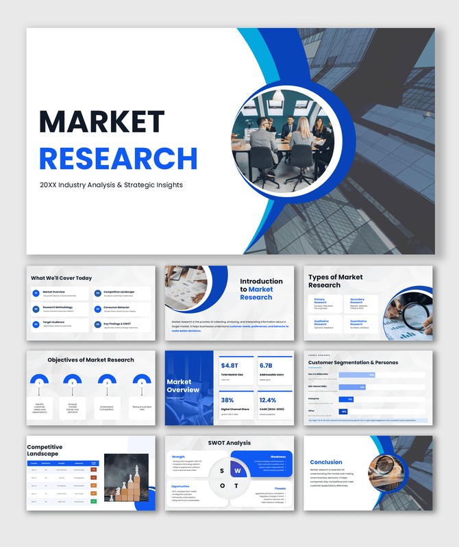 Market research PPT covering overview, methods, segmentation, SWOT analysis, competition, and insights.