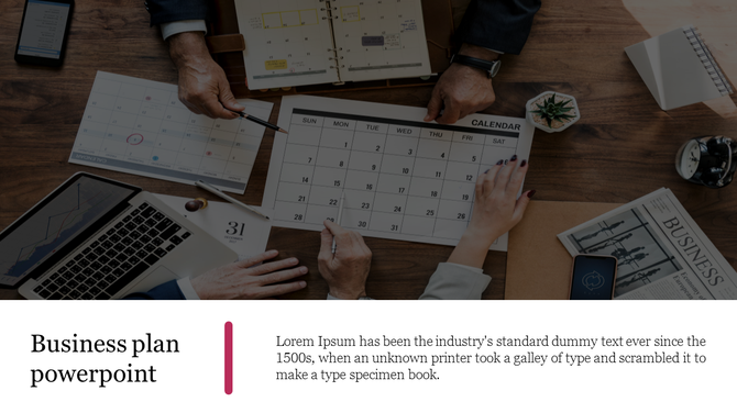 Business planning slide with a image of professionals working on a calendar and financial documents, with caption areas.