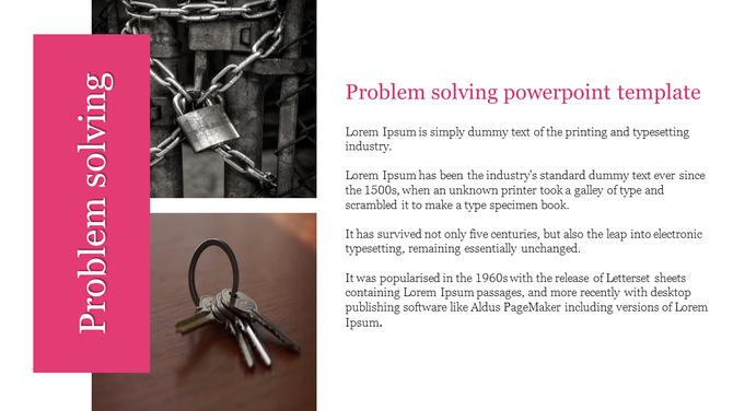 Problem-solving slide with vertical pink sidebar, lock and key visuals, and placeholder text areas.
