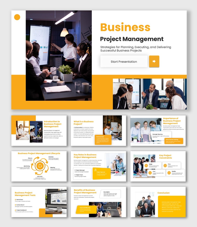 Project Management PowerPoint Slide orange theme with icons, rectangles, team images, and project lifecycle workflow.