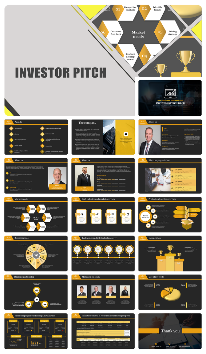 Investor pitch deck presentation template with a modern black and gold theme, featuring company details.