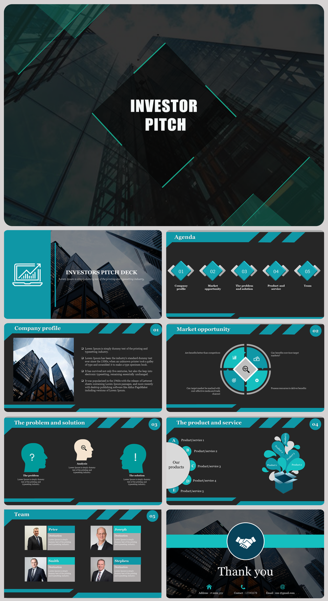 Investor pitch deck slide featuring a teal and black theme, including company profile, market opportunity, and team details.