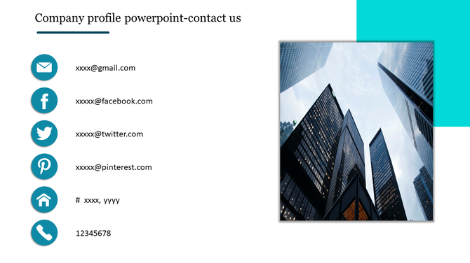 Modern contact slide featuring teal icons and text for communication details, alongside a vertical image of buildings.
