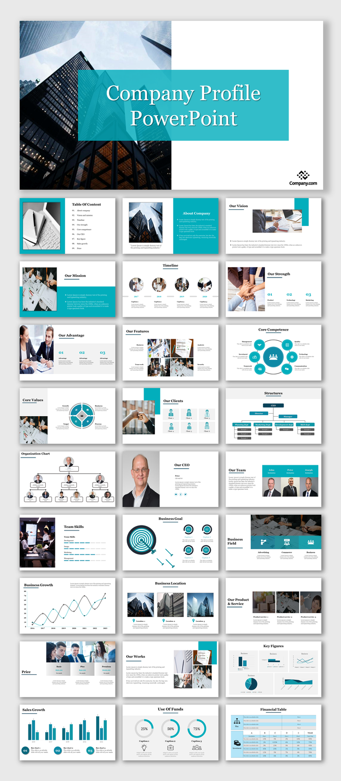 Corporate deck displaying multiple slides covering goals, core values, organizational structure, and financial growth.