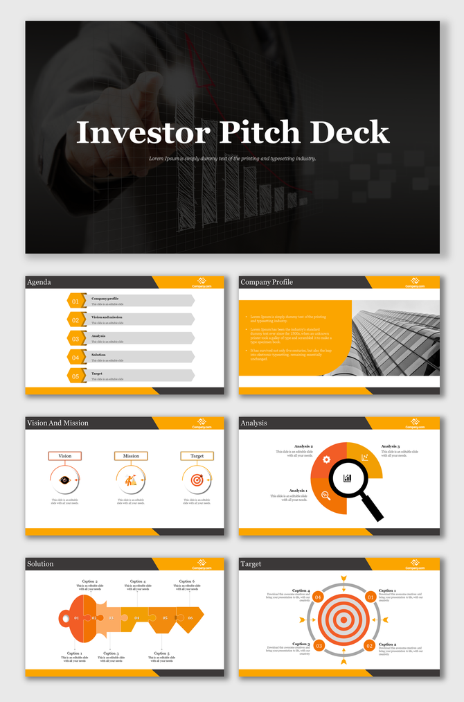 Investor pitch slide deck featuring black and orange theme, business graphics, and structured content sections.