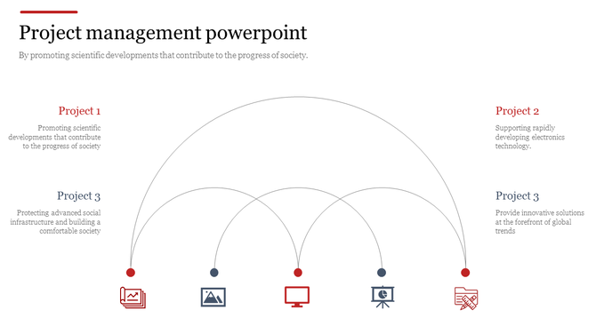 Slide showcasing four project titles in red and blue, linked to five icons by curved lines on a white background.