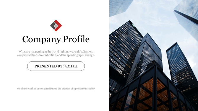 Company profile slide with bold text, a logo, a presenter button, and a cityscape of high rise buildings on the right.