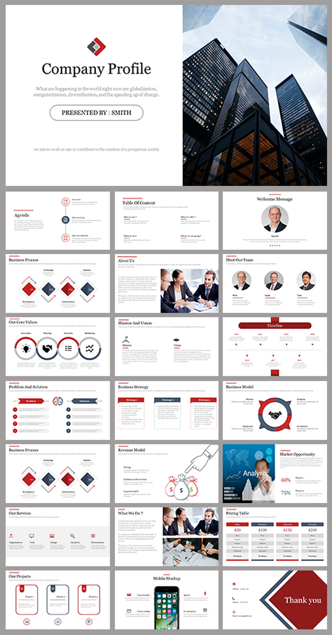 Multi slide company profile presentation with business model, core values, pricing table, and timeline sections.