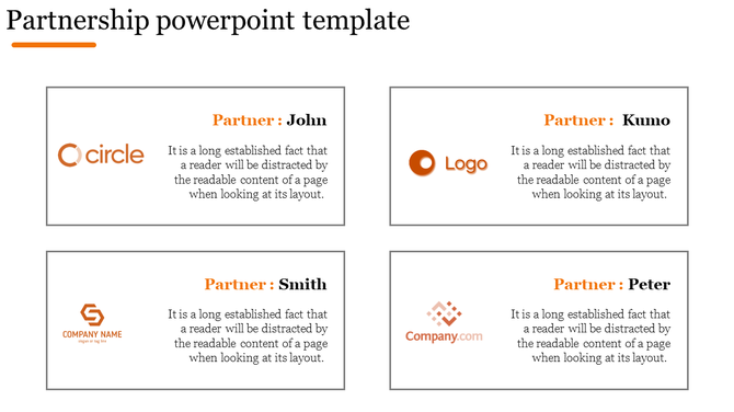 Partnership slide having four distinct logos with partner names and brief text descriptions, arranged in a grid layout.
