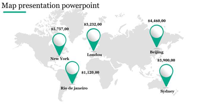 Gray world map with five green location pointers at major cities, each paired with financial values in black text.
