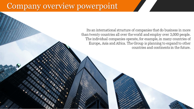 Professional company overview slide with a bold orange title bar, corporate skyscrapers, and expansion information.