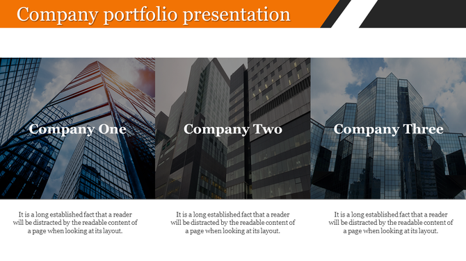Modern company profile slide with a bold orange banner, three high-rise images labeled as companies, and supporting text.