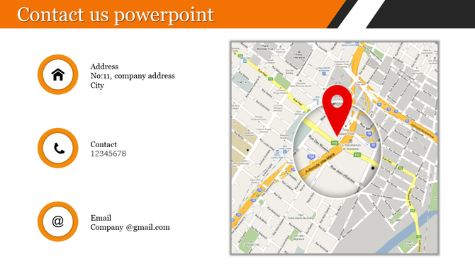 Orange themed contact slide featuring address, phone, and email icons alongside a map with a magnified location pin.