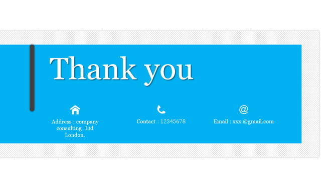 Thank you slide with a solid blue background featuring white text and simple contact icons aligned horizontally.
