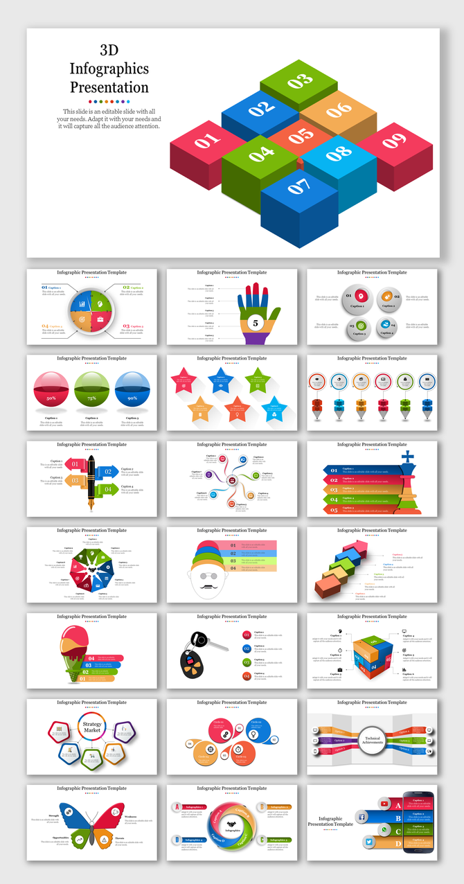 3D infographic design template with colorful cube graphics, charts, diagrams, and creative infographic elements.
