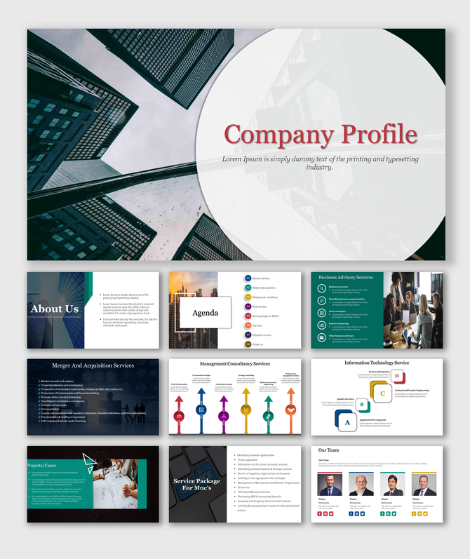A PowerPoint slides showing a professional company profile with sections for company overview, services, team, and more.