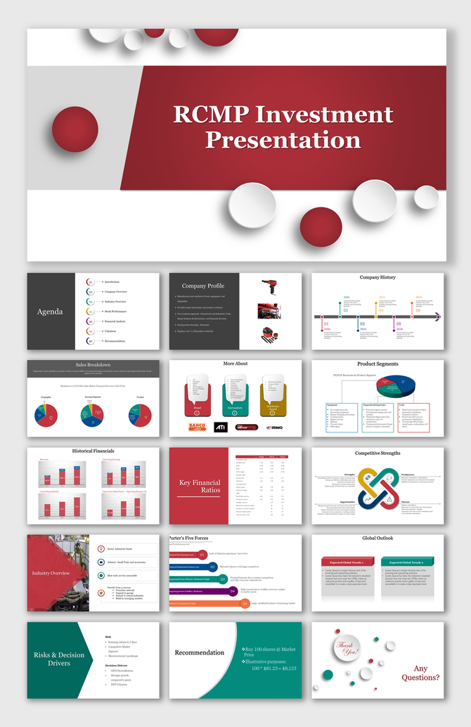 Corporate slide deck with a red and white theme, covering agenda, company profile, financials, and recommendations.