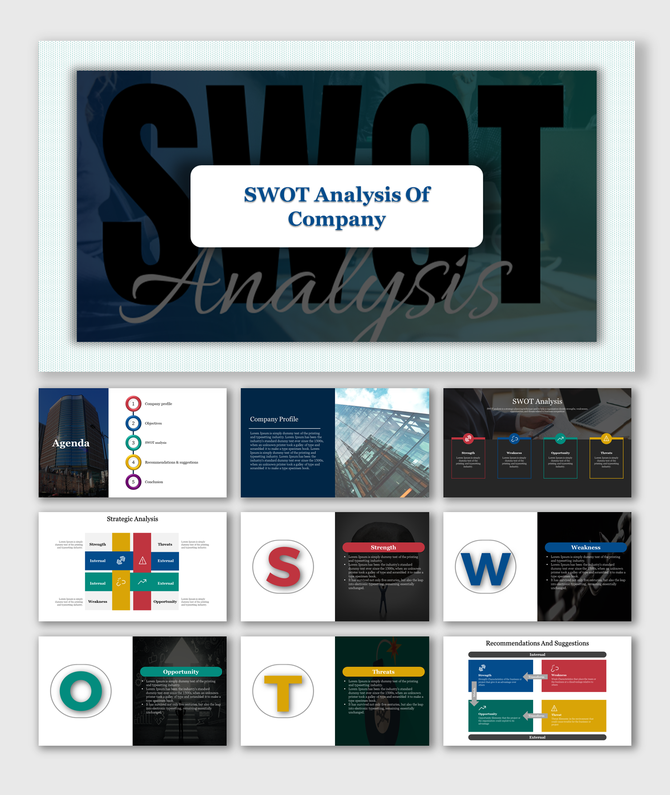 SWOT analysis PowerPoint slides showing company strengths, weaknesses, opportunities, and threats with a detailed layout.