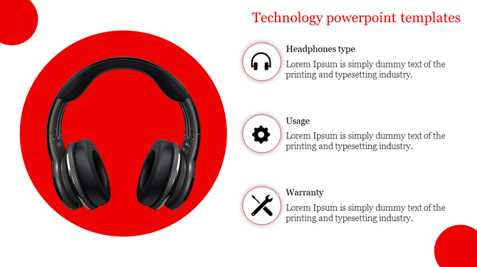 Headphones on a red circular background, with three labeled features like type, usage, and warranty on the right.