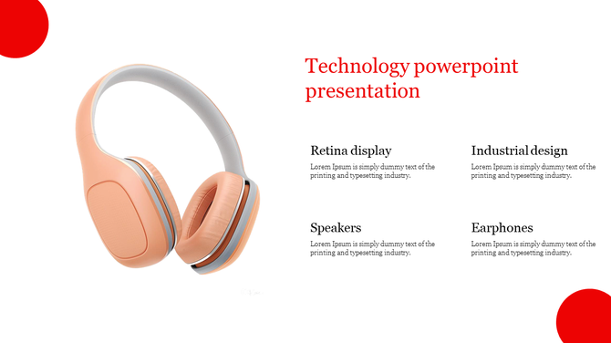 Technology slide featuring peach colored headphones with text sections highlighting retina display, speakers, and earphones.