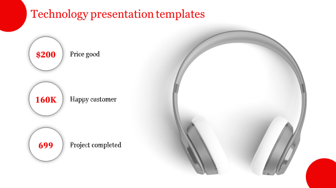 Modern technology slide with a white background,  gray headphones, and three numerical statistics inside circular elements.