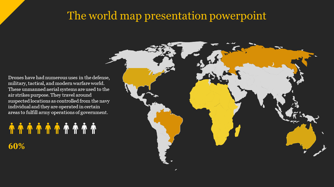 Dark themed world map slide with countries highlighted in yellow and orange, a text block on drone usage.