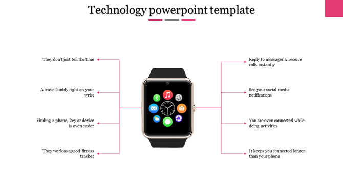 Smartwatch mockup in the center with eight text features connected by arrows, showcasing its benefits and functionalities.