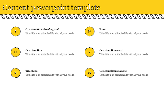Content PPT slide with a yellow and black header, showcasing six topics related to construction in a structured layout.