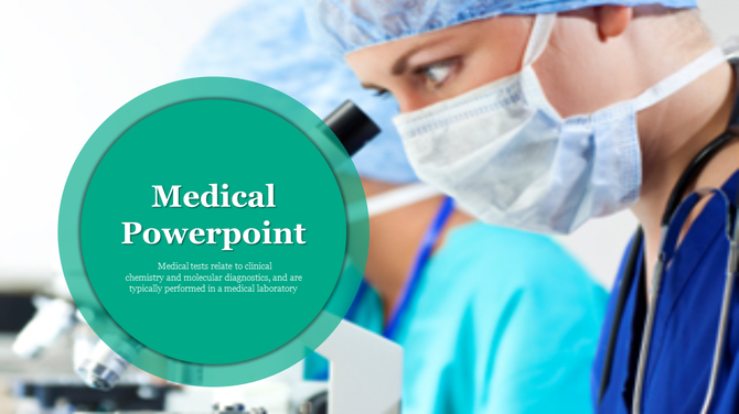 Medical PPT slide features a healthcare professional wearing a mask and scrubs, with a green overlay and descriptive text.