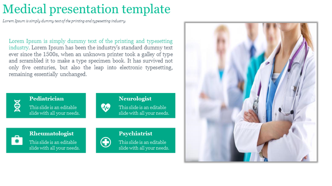 Medical presentation template featuring a right-side image of a confident female doctor, a left aligned text block.
