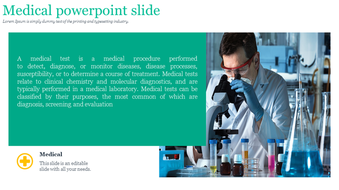Medical themed slide with text block in green, a scientist using a microscope, and a yellow cross icon below.