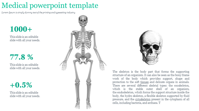 Medical PowerPoint slide with a 3D skeleton graphic, displaying percentages and information about its role in the body.