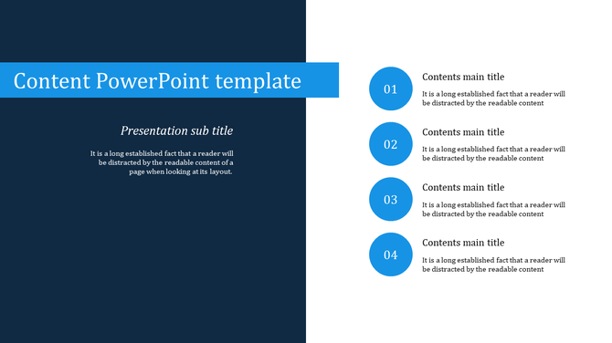 Dark blue and white slide featuring a structured content layout with a numbered list in blue circles.
