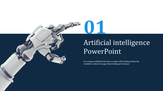 Artificial intelligence PowerPoint slide featuring a robotic arm pointing forward with a clean, modern blue and white layout.